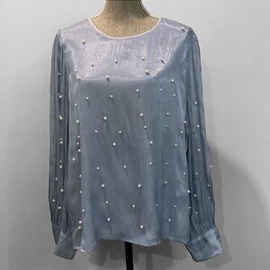 Pearl-Embellished Light Blue Long-Sleeve Women's Top
